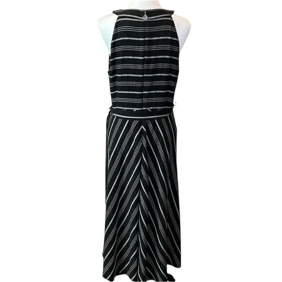 Tommy Hilfiger Halter Midi Dress Crinkle Gauze Belted Striped Black Gray 12 NWOT - Picture 14 of 16